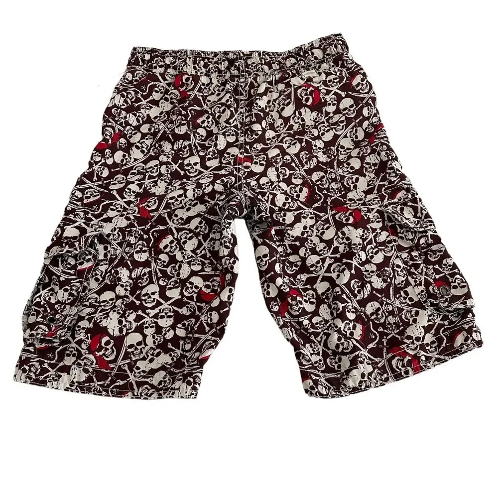 Skull Pirates Swim Trunks Mens' Small Size 28 Brown White Skate Board Shorts